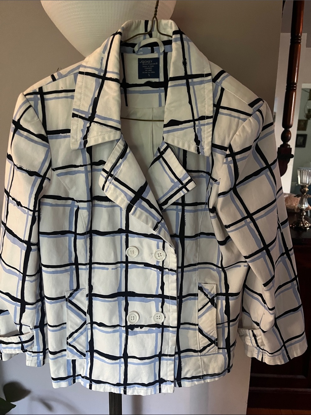 Jockey White and Navy Windowpane Double-Breasted Blazer-Cotton Spandex